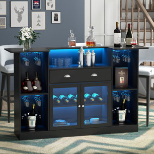 WROUGHT STUDIO™ Kodeah 62.99'' Bar Table Cabinet with LED & Drawer, Mini Liquor Bar with 8-Tier Storage & Stemware Holder, Wine Alcohol Bar Stand with Glass Door & Adjustable Wine Rack, Crescent Shaped Counter for Home Pub