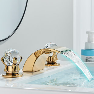 NABIYY LED Widespread Bathroom Sink Faucet 2 Crystal Handwheels 3 Holes Waterfall Mixer Tap