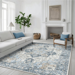 BUNGALOW ROSE Roehit Area Rug for Living Room Machine Washable Rugs Non-slips Blue Rugs