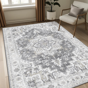 BUNGALOW ROSE Nathalya Area Rug for Living Room Machine Washable Rugs Non Slip Gray Rugs