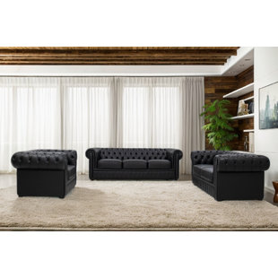 DARBY HOME CO Ahzhane 3 Piece Handcrafted Genuine Leather Configurable Living Room Set