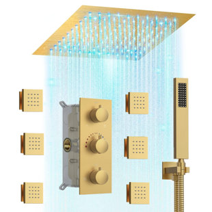 EVERSTEIN Thermostatic Shower Faucet 12" Ceiling Rainfall Shower Head with 64-Color LED Lighting