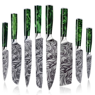 Senken Knives 8-Piece 'Wasabi' Japanese Kitchen Knife Set With Engraved Blade Pattern & Green Resin Handles