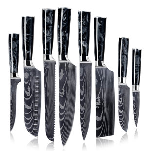 Senken Knives 8-Piece Japanese Knife Set With Black Resin Handles - Onyx Collection - Razor Sharp Blades With Beautiful Damascus Pattern - Chef's Knife, Santoku Knife, Bread Knife, Paring Knife, & More, Gift Box