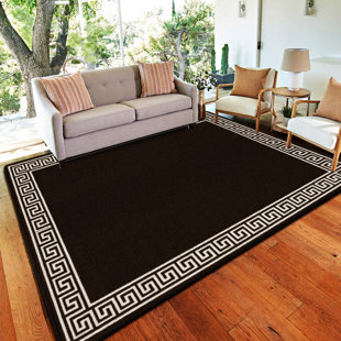 CANORA GREY Plain Rug with Greek key Bordered Gel backed Rug Amorrah Black/Beige Rug