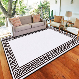 CANORA GREY Plain Rug with Greek key Bordered Gel backed Rug Aleecia Cream/Black Rug