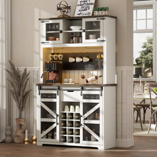 GRACIE OAKS Lavorn 70" Tall Vintage Bar Cabinet with Hutch, Sliding Barn Door, LED Lights, Wine Rack, Outlets, and Pegboard