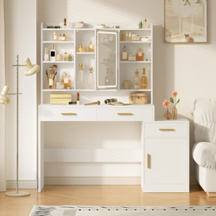 MERCER41 Large Vanity Desk with Light Mirror, Makeup Vanity Dressing Table with 3 Drawers, 6 Adjustable Shelves