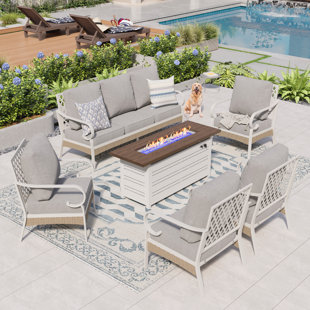 WILDON HOME® Tapasi 7 Person Outdoor Patio Conversation Set with Firepit Table & Blue, Beige, Gray Cushion Options