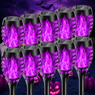 THE HOLIDAY AISLE® Halloween Solar Outdoor Holiday Decoration Lights, 10 Pack Upgraded Purple Flickering Flame Solar Lights Outdoor Waterproof, Outdoor Solar Torch Lights, Solar Garden Light For Halloween Yard Garden Decor (Set of 10)