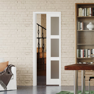 DOOOLI Sliding Pocket Door - Frosted Glass Design -Maufacture Wood With Hardware, 80"