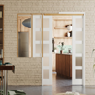 DOOOLI 5 Lite Frosted Glass Design Modern Sliding Interior Pocket Door With Hardware Kit, 30” X 80"