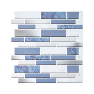 JEEDESON 2 in. W x 12 in. L Vinyl Peel and Stick Wall Tile Backsplash in White and Blue for Kitchen (Set of 10)