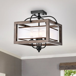 LAUREL FOUNDRY MODERN FARMHOUSE® Nilles 4 - Light 16“ Antique Black Metal Natural Wood Flush Mount