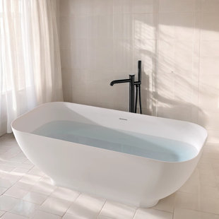 KISRAIS 67" L x 30" W Freestanding Soaking Solid Surface Stone Resin Bathtub