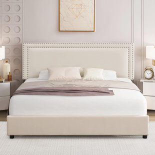 VECELO Bed with 4 Storage Drawers Upholstered Platform Bed Adjustable Headboard with Nailhead Trim