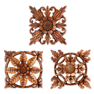 WORLD MENAGERIE 3 Piece Hand Carved Wood Floral Relief Panels Wall Décor Set