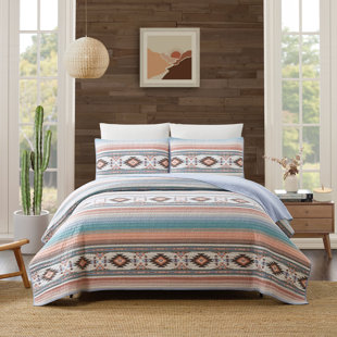 MODERN HEIRLOOM Sunset Canyon Cotton Bedding - Blue/Coral/Beige Quilt Set