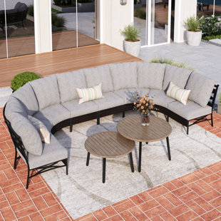 ALPHAMARTS Outdoor Curved Patio Furniture Set - Brown Wicker, Gray Cushions & Coffee Table