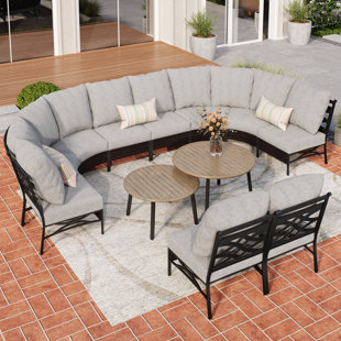 ALPHAMARTS Outdoor Curved Patio Furniture Set - Brown Wicker, Gray Cushions & Coffee Table