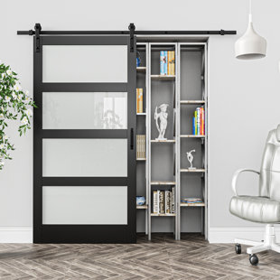 ARK DESIGN 84" Black 4-Lite Frosted Glass And Solid Manufactured Wood Sliding Barn Door With Installation Hardware Kit