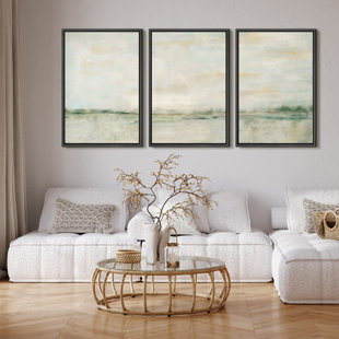 IDEA4WALL Minimal Landscape Grunge Green Pastel Abstract Illustrations Framed Canvas 3 Pieces Print Wall Art
