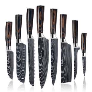 Senken Knives Complete 8-Piece Japanese Kitchen Knife Set With Damascus Pattern - The Imperial Collection - Japanese Chef Knife Set with Smooth Wooden Handles - Ultra Sharp for Fast Cutting