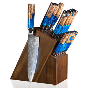 Senken Knives 15-Piece Damascus Steel "Tsunami" Knife Block Set - 67-Layer VG10 Japanese Steel - Includes Chef Knife Set, Steak Knives, Sharpening Rod, & More