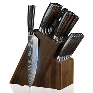 Senken Knives 16-Piece Imperial Collection Natural Acacia Wood Knife Block Set - Damascus Pattern Chef Knife Set, Steak Knives, Kitchen Shears - Pakka Wood Handles