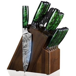 Senken Knives 16-Piece Engraved "Wasabi" Japanese Knife Block Set, Green Resin Handles - Natural Acacia Wood Block, Chef Knife Set, Steak Knives, Kitchen Shears, Gift Box