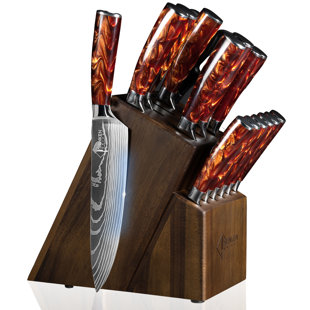 Senken Knives 16-Piece Acacia Knife Block Set - High Carbon Blades & Beautiful Blue Resin Handles