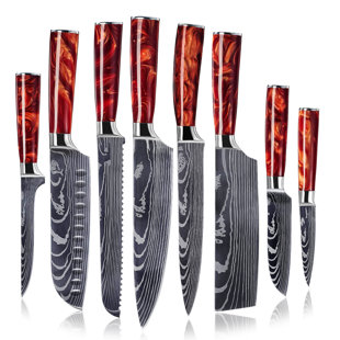 Senken Knives 8-Piece 'Crimson' Japanese Kitchen Knife Set with Damascus Blade Pattern & Red Resin Handles, with Luxury Gift Box