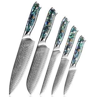 Senken Knives 5-Piece Damascus Steel Kitchen Knife Set - Umi Collection - 67-Layer Japanese VG10 Steel, Real Deep-Sea Abalone Shell Handle, Chef's Knife, Santoku, Paring, Fillet, Utility Knife, Gift Box