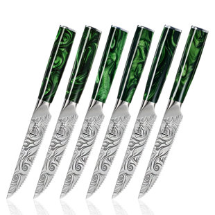 Senken Knives 6-Piece 'Wasabi' Steak Knife Set With Green Resin Handles And Engraved Blades, High Carbon Stainless Steel Blades with Emerald Green Handles