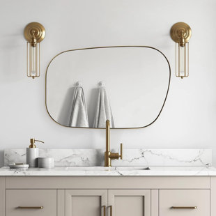 INVENITIAH ANDY STAR Irregular Mirror Asymmetrical Mirror For Wall 24X36” Brushed Gold Bathroom Mirror, Modern Wall Mirror For Living Room Bathroom Vanity Framed Mirror Wavy Mirror 1” Deep Set Design