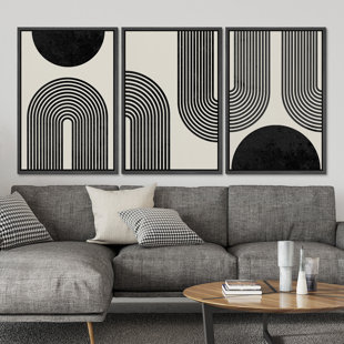 SIGNLEADER Spiral Parabolas & Solid Semi Circle Modern Neutral Black Wall Art Framed On Canvas 3 Pieces Print