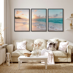 IDEA4WALL Aesthetic Sunset on Teal Ocean Coastal Beach Shore Framed Canvas 3 Pieces Print Triptych Wall Art