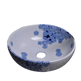 Dawn USA 16.25'' White And Blue Ceramic Circular Vessel Bathroom Sink