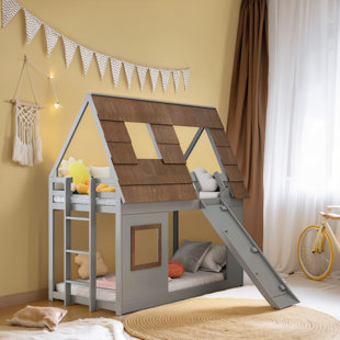 HARPER ORCHARD Chojolan Modern Canopy Bed, House Bunk Bed with Ladder,Window Roof Shape Design and Climbing Ramp