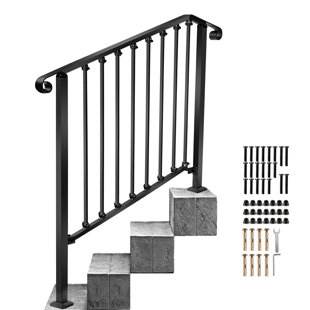 REDLIFE Handrails for Outdoor Steps Fit 3 or 4 Steps Outdoor Stair Railing Wrought Iron Handrail for Concrete Steps or Wooden Stairs Adjustable Metal Hand Rails for Deck Porch