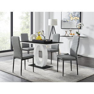 CANORA GREY Scottsmoor High Gloss Halo Dining Table Set & 4 Luxury Faux Leather Dining Chairs - Modern Design