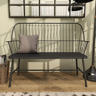 GRACIE OAKS Metal Grill Style High Back Frame Patio Outdoor Bench with Trestle Legs and Armrests