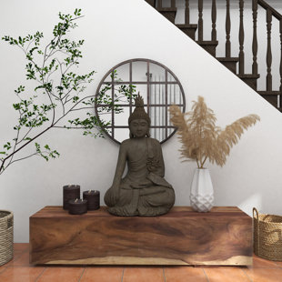 LANGLEY STREET® Polystone Meditating Buddha Decorative Sculpture with Engraved Carvings and Relief Detailing