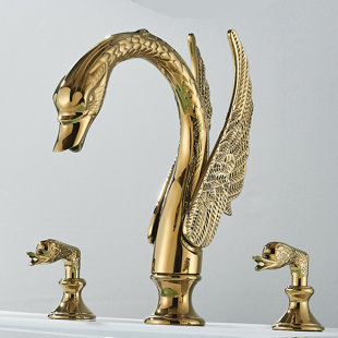 NABIYY Gold Widespread Swan Bathroom Sink Faucet 3-Hole 2 Handles Deck Mount Mixer Tap