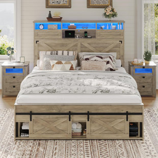 IVY BRONX Farmhouse Bed Frame Queen Size With Led Lights And Charging Station, 51.4" High Headboard With Storage Shelves And Rustic Country Queen Bed With Sliding Barn Door Storage Footboard