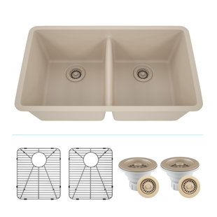 LEXICON QUARTZ 32" x 19" Quartz Kitchen Sink, 50/50 Double Bowl Sink, Drop-in Sink, Undermount Sink, Granite Kitchen Sink, with 2 Steel Grids and Basket Strainer, Disposal Flange