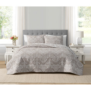CEDAR COURT Ojai Medallion Stripe Taupe 3-Piece All-Season Soft Woven Matelasse Jacquard Cotton Blend Quilt Set
