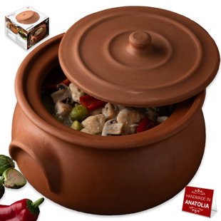 Hakan Handmade Suphan Clay Pot, Lid, Unglazed, Large, 7.6 Qt, 7.2 L