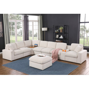 HOKKU DESIGNS Deantrei Corner Sectional Sofa With Cupholder Console With A Corner Table With USB Port And An Ottoman