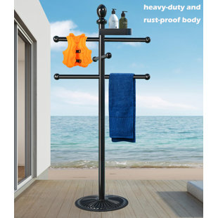 FAST APPLIANCES LLC Outdoor Pool Towel Rack, 6 Bars Metal Heavy Duty Never Tilt Pool Accessories Hot Tub Accessories With Heavy Metal Base, Towel Dying Rack Towel Stand For Pool, Spa(Include Top Tray)